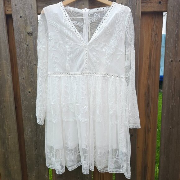 ROMANTIC CUPSHE White Lace Embroidery V-Neck Mini Dress Women's XXL/24/26 BNWT - Picture 3 of 13